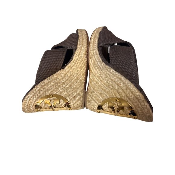 Tory Burch 6 Brown Canvas Cross Strap Espadrille Wedge Sandals Made In Brazil - Picture 8 of 8